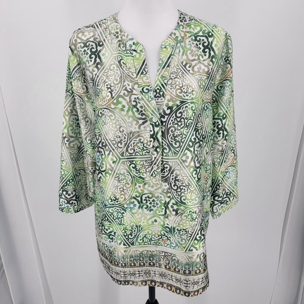 Chicos Top Womens 12 Tunic Blouse Geometric Print Boho Lightweight Flowy Casual